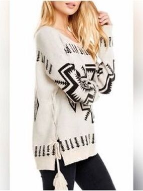 Chaser Vintage Aztec Trading Blanket Sweater Black & Cream with Side Ties